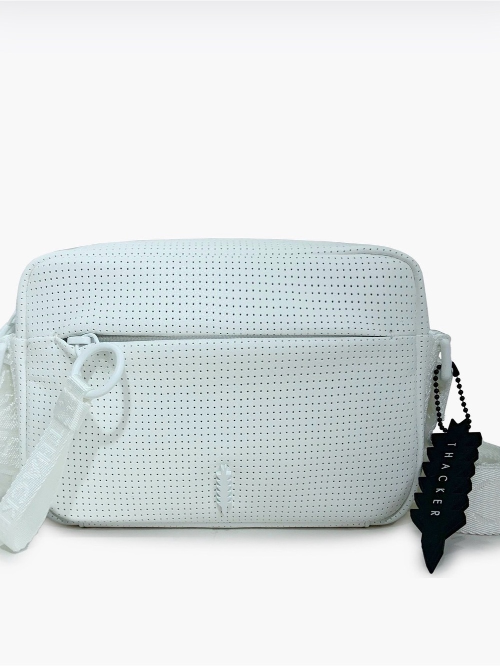 THACKER White Perforated Crossbody Bag Adjustable Logo Strap